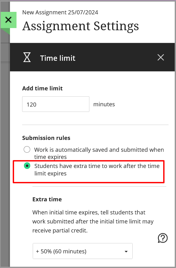 Select the option for students to have extra time to work after the time limit expires.