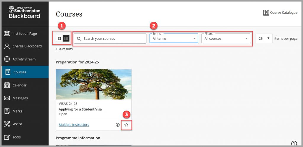 Screenshot of Course page on Blackboard showing courses listed in tile view.