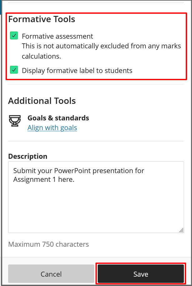 Tick options for Formative Assessment and Display formative label to students.