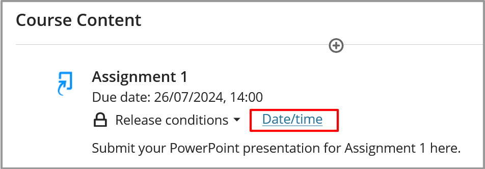 Select Date/time from assignment link in the Coures Content