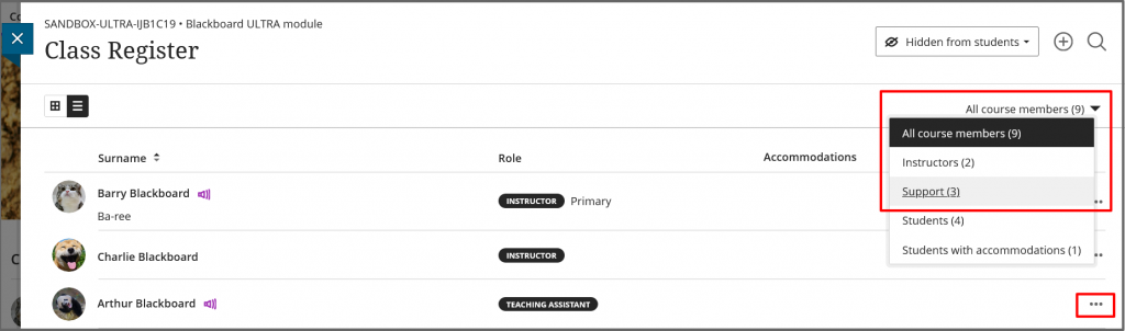 The class register can be filtered to show only: Instructor, Support staff and students.