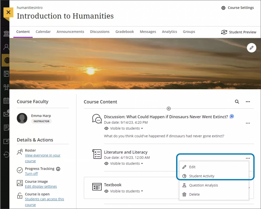 A Blackboard Ultra course. The options menu of a document is expanded and the Student Activity menu item is highlighted.