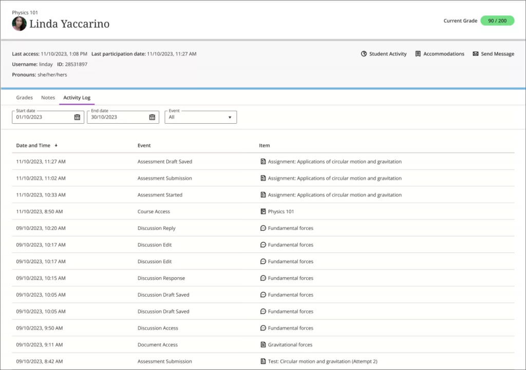 Screenshot of a student activity log in the student overview page. The tab activity log is underlined with purple. There are various items in the log which has three headers: Date and Time, Event and Item. There are date and event type filters.