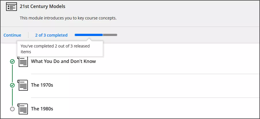 Screenshot of a learning module with progress tracking applied. There is a blue progress bar indica that the student has completed 2 out of three items. Below, a green line and tick icons indicate which items the student has completed.