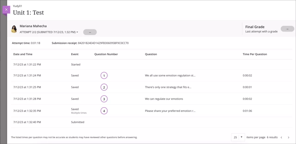 Student Attempt Log for a Blackboard Test.