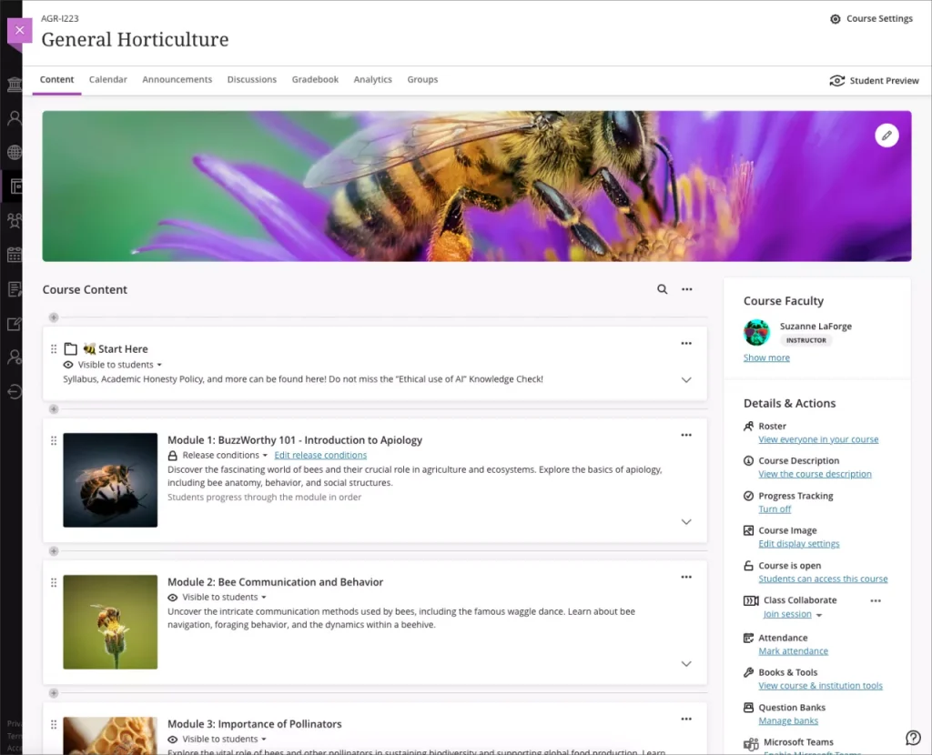 Screenshot of a Blackboard Ultra course called General Horticulture. The first content item is a folder titled "Start here". Below it there are three learning modules which have titles and images on the subject of bees.