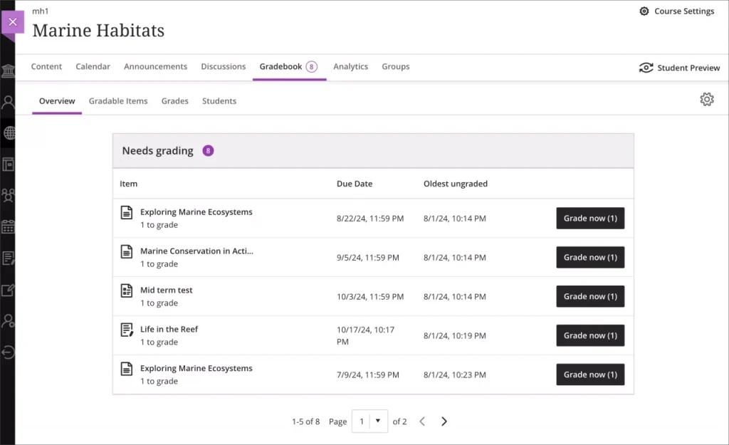 Screenshot of the new Gradebook/Overview page showing the needs marking section.