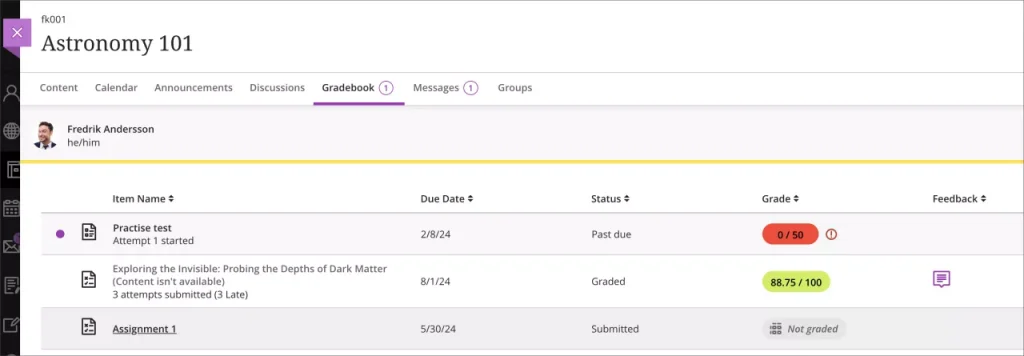 Screenshot of a student's "My marks" area. 