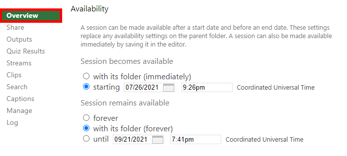 Screenshot of the Availability settings of a Panopto video. On the left, the top menu item "Overview" is highlighted as the active page.