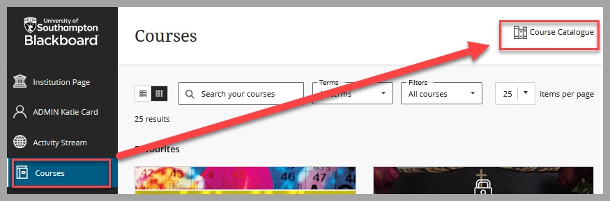 Screenshot of Blackboard Course List with Course Catalogue highlighted