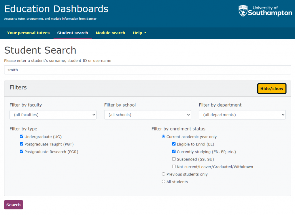 Student search page with filters visible.