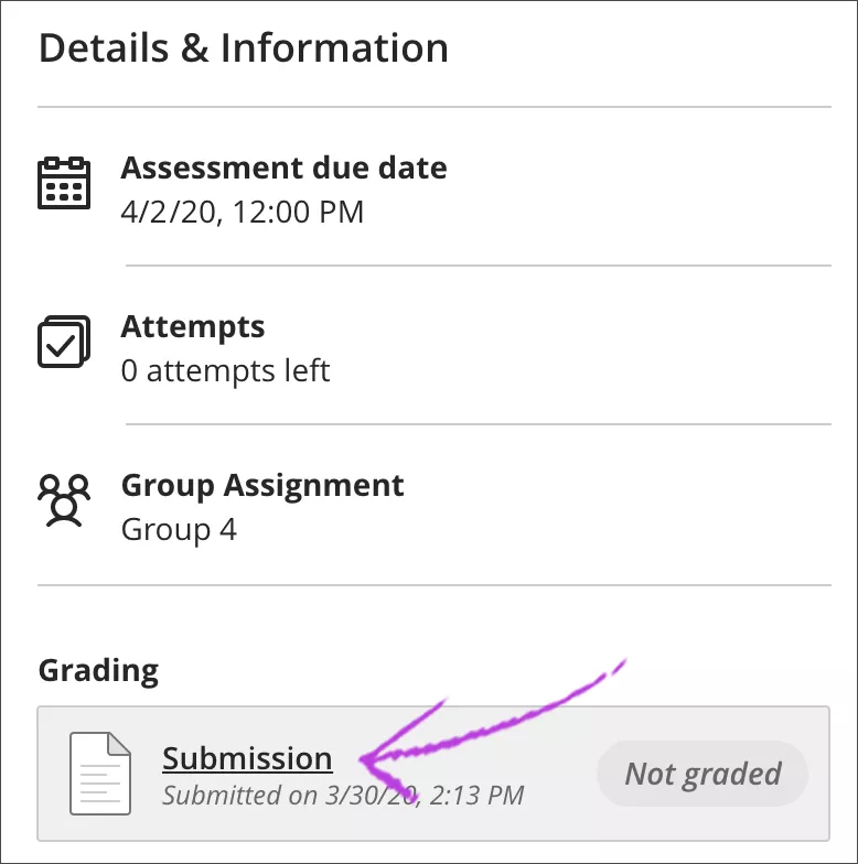 Details and Information panel of an assignment. Under "Grading" a purple arrow points to the submission name, date and time.