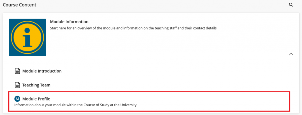 An ultra course content page. A learning module called "Module Information" is expanded and it contains an item called Module Profile.