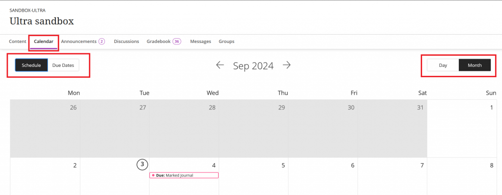 Screenshot of a course calendar page.