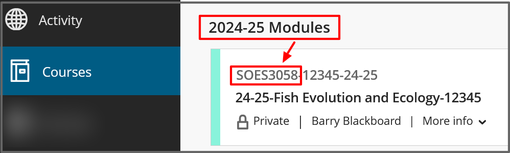 Blackboard courses connected to Banner modules are listed under the Modules heading. 