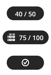 Three pill icons showing different marks. The first is 40/50. The second is 75/100 where the marker has used a rubric. The third is a tick for completed.