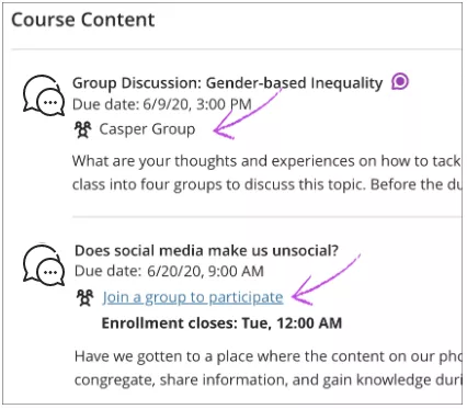 Two group discussions. A purple arrow points to the group allocation for each discussion. The first discussion is for "Casper Group" and the second says "Join an group to participate".