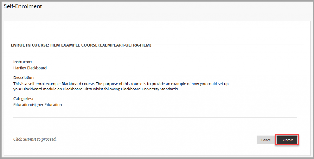 Screenshot showing self-enrolment screen for Blackboard course