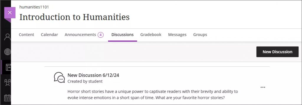 The discussions page. The New Discussion button is visible in the top right corner. The discussion has the label "Created by a student" below it.