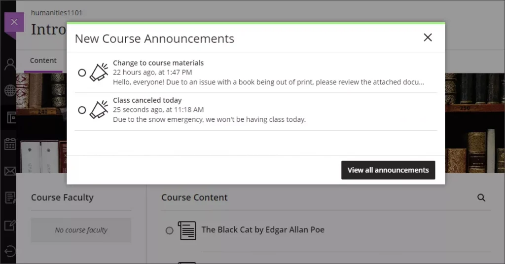 Screenshot of new course announcements as a pop up.