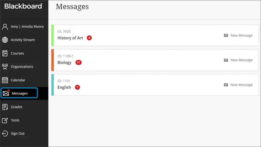 A student's messages area showing three courses with new messages.