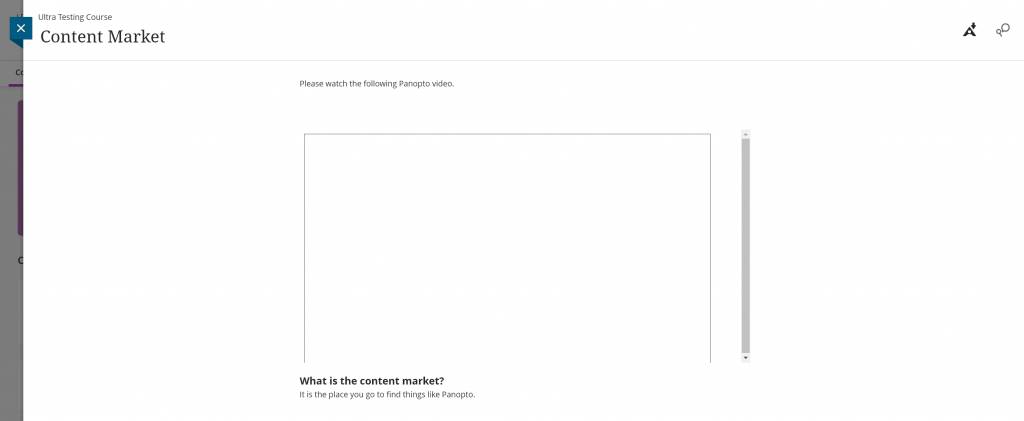A Panopto video embedded in a Blackboard Ultra course showing a blank space where the video should be. 