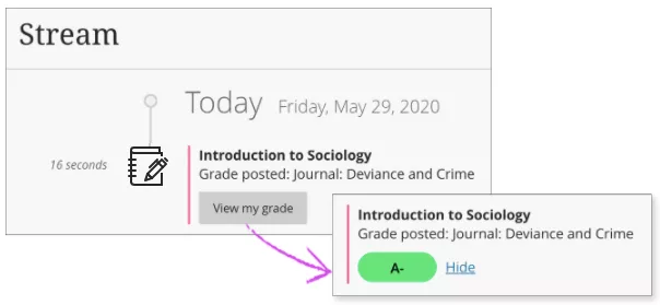 A journal mark in the activity stream (student view). Selecting "view my mark" shows the mark.