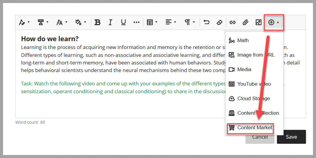 Screenshot of Ultra document showing text editor with plus icon highlighted and an arrow pointing to Content Market