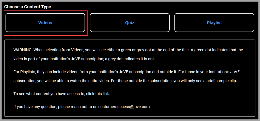 Screenshot of Jove LTI asking user to choose a content type