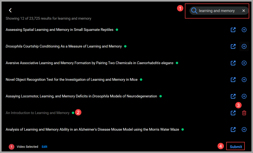 Screenshot of JoVE LTI tool showing a list of videos searched with one selected.