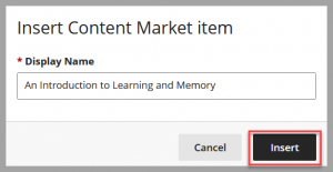 Screenshot of Blackboard Ultra page showing Insert Content Market item pop up