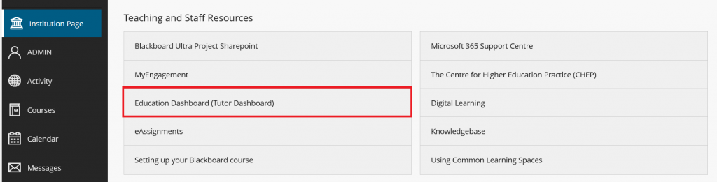 Screenshot of the Blackboard Institution Page for staff showing the Tutor Dashboard link highlighted in a red box