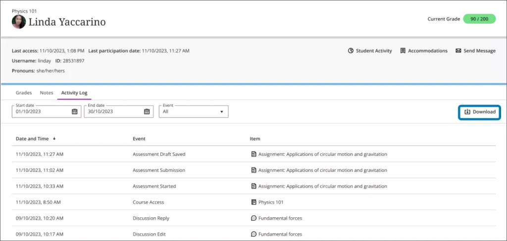 Student Activity log with Download button