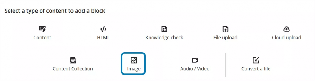 The different types of content you can add you an Ultra document. The Image block is highlighted in a blue rounded box.