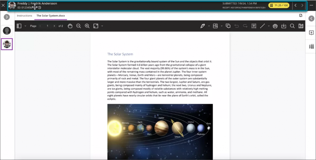 Image of the new Blackboard marking interface. The student submission of a document of the solar system, some text and an image can be seen in the marking interface. The top bar is highlighted by a blue box, to indicate this area is now much smaller/condensed.