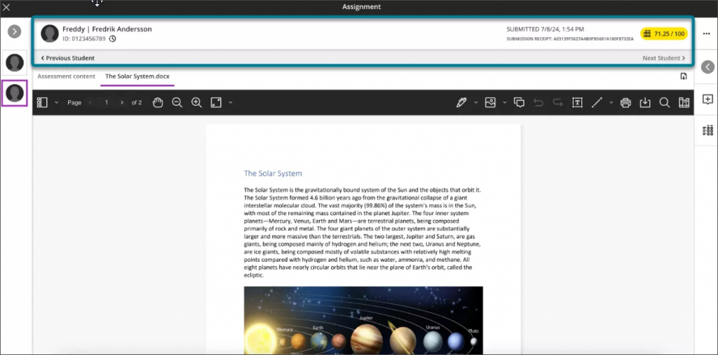 Image of the previous Blackboard marking interface. The student submission of a document of the solar system, some text and an image can be seen in the marking interface but the image is cut off. The top bar is highlighted by a blue box, to indicate this area is impacted by the recent change.