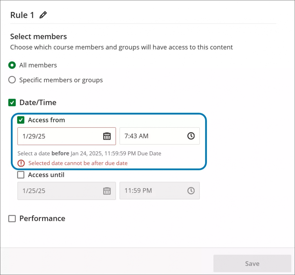 Screenshot of setting release conditions. The date/time condition is ticked and highlighted. The access date has been set at 29th January and this has prompted a red text warning "Select a date before Jan 24... Selected date cannot be after the due date". 