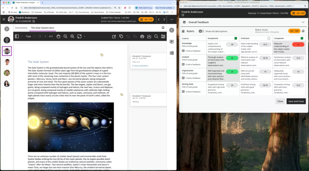 Screenshot of two windows. On the left, the student submission can be seen. On the right in a smaller window in the "pop-out" rubric.