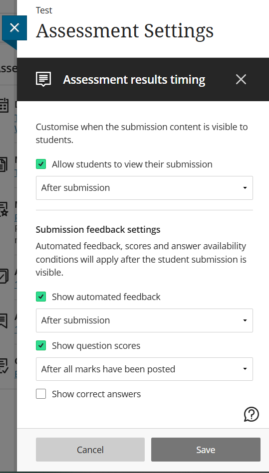 Blackboard Test assessment settings panel.
