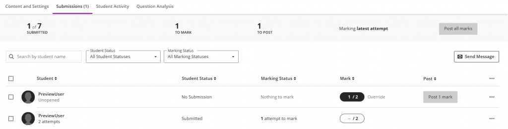Screenshot of the Test submissions page showing two student submissions.