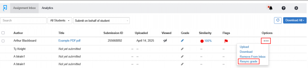 An image showing how to resync a mark within the Turnitin assignment inbox.