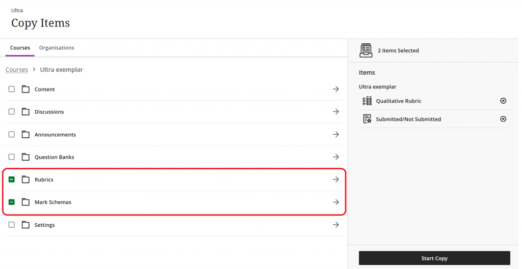 The copy items menu. A course called "ultra exemplar" has been selected and two items called Qualitiative Rubric and Submitted/Not Submitted have been selected to be copied to the current course. Two folders are highlighted for Rubrics and Mark Schemas.