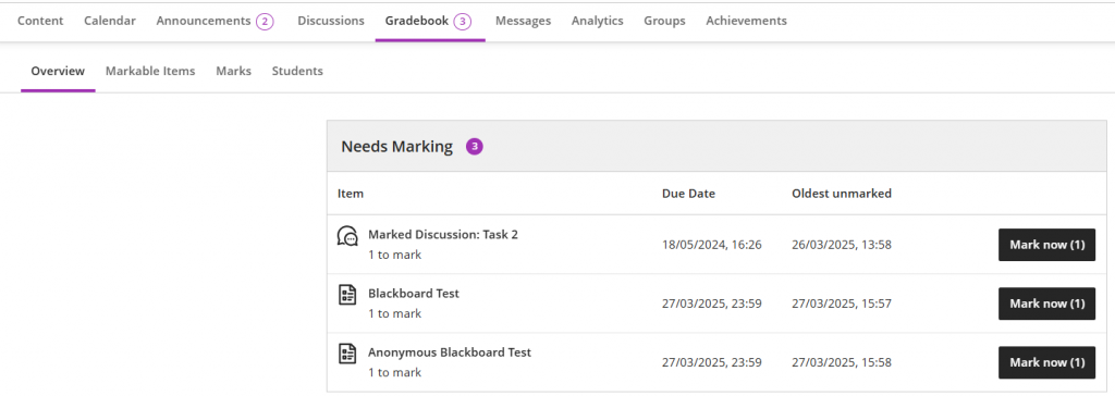The Blackboard Gradebook. This Gradebook has three items that need marking.