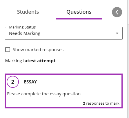 Screenshot of Blackboard Test marking page, the user has selected to mark by question and they are marking an essay type question with 2 responses to mark.