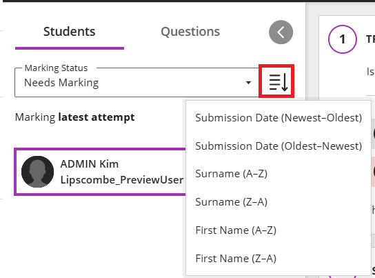 Screenshot of the test marking page. When marking by student, you can select to sort the marking status by "Submission Date (Newest-Oldest)", "Submission Date (Oldest-Newest)", "Surname (A-Z)", "Surname (Z-A)", "First Name (A-Z)" and "First Name (Z-A)".