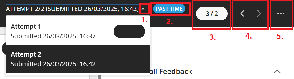 The top bar of the flexible marking view in Blackboard Ultra. The student has made two attempts. This attempt is past time.