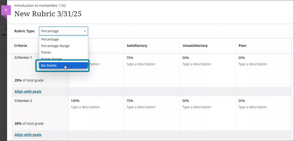 Screenshot of creating a new rubric. There is a dropdown menu for Rubric type and "No Points" is selected from the dropdown.