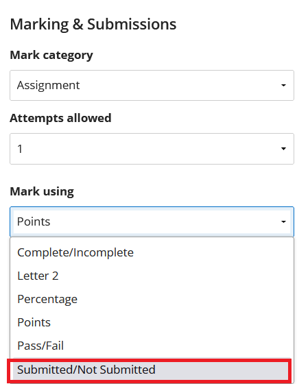 The Marking & Submissions panel of a Blackboard Assignment. The user has selected the drop down menu for the "Mark using" field and is selecting the mark schema "Submitted/Not Submitted"