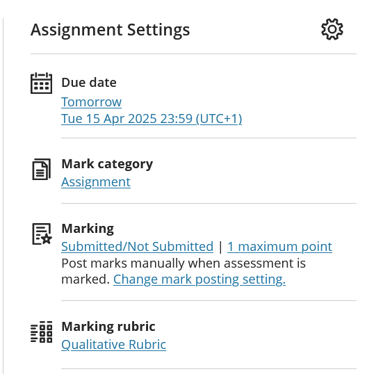 The Assignment Settings panel. The assignment has a mark schema of "Submitted/Not Submitted" and a maximum 1 point. There is a rubric assigned called "Qualitative rubric"