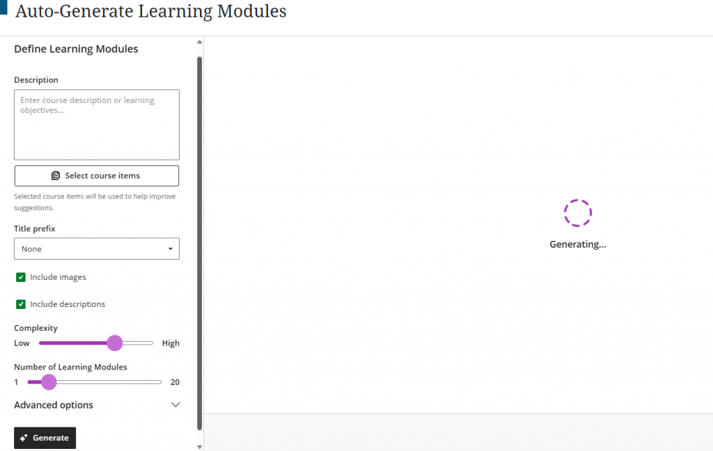 The Auto-generate learning modules screen.
